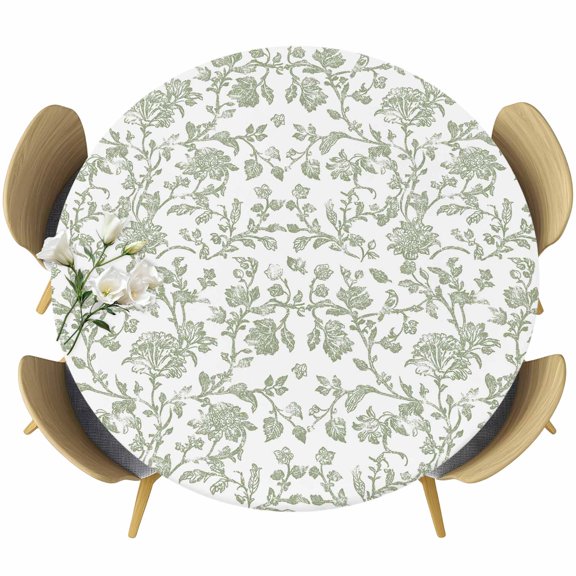Green Leaf Flower Round Tablecloth 36-44 Inch Round Fitted Table Cloth with Elastic Edge, Vintage Farmhouse Bohemian Spring Waterproof Table Cover Protector for Outdoor Picnic Party Dining