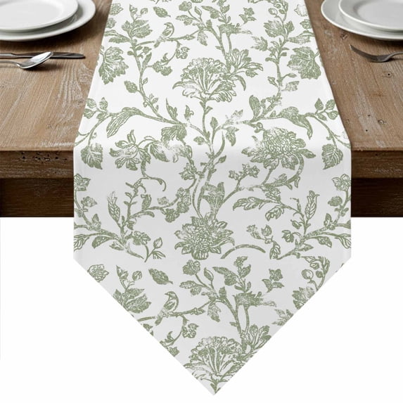 Green Leaf Flower Table Runner Linen Burlap Table Runner 90 Inches Long Vintage Farmhouse Bohemian Spring Dresser Scarves for Kitchen Island Coffee Dining Party Wedding Banquet Holiday Decor 13"x90"