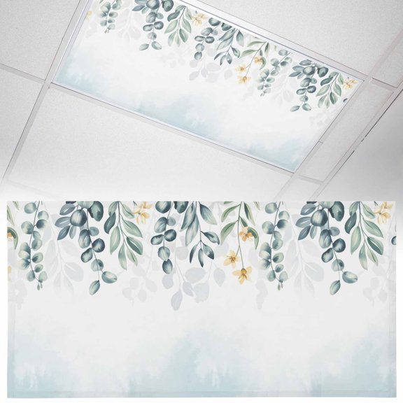 Green Leaf Fluorescent Light Covers Spring Watercolor Country Gradient Green Eucalyptus Leaves Magnetic Light Filters Ceiling Lighting Panel Shade for Classroom Office Home 2 x 4 ft, 1 Pack