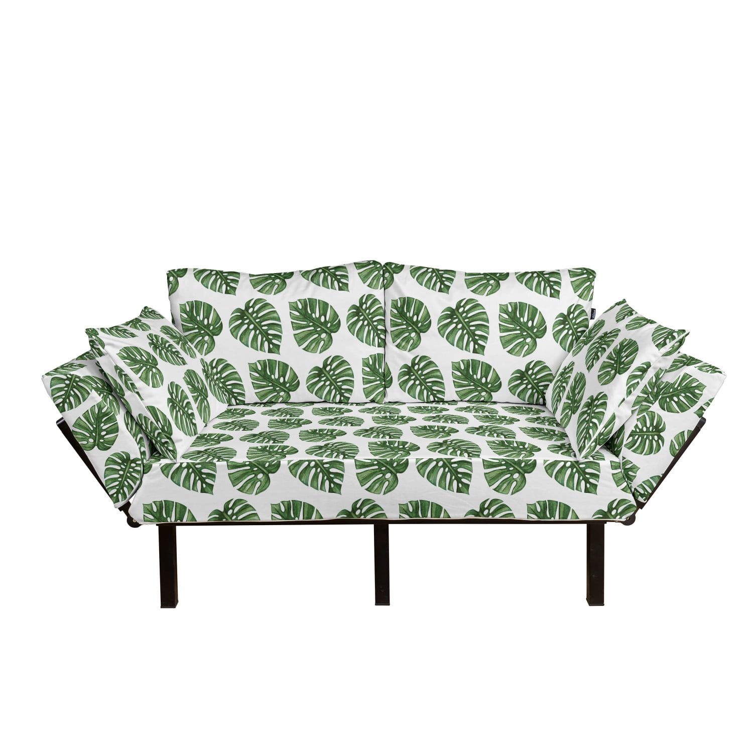 Green Leaf Futon Couch, Tropical Jungle Leaves Palm Trees of Hawaii