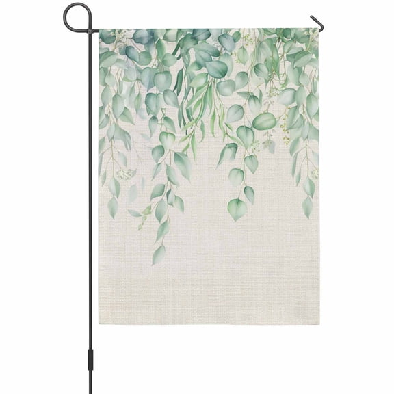 Green Leaf Garden Flag 12 x 18 Inches, Eucalyptus Leaves Vintage Linen Texture Spring Plant Weather Proof Outdoor Patio Flags Double Sided Small Garden Decoration for Yard Outside Home