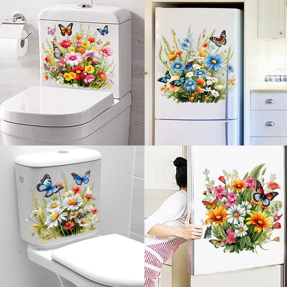 Green Leaf Grasses Flowers Butterflies Toilet Lid Decals, PVC Material, Waterproof, Natural Style, Indoor Use, Perfect for Toilet & Wall Decoration