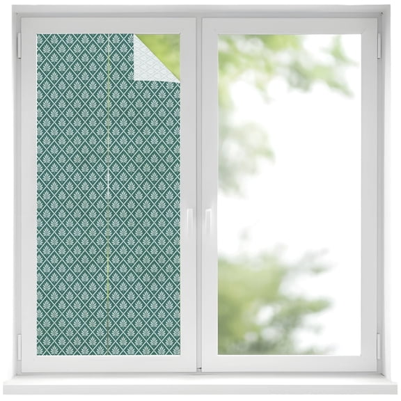 Green Leaf Grid Window Privacy Film, Country Farmhouse Minimalist Plaid Checkered Frosted Glass Window Clings Static Cling UV Heat Blocking Reusable Door Sticker for Bathroom 19.6 x 39.3 Inch