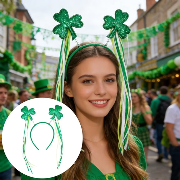 Green Leaf Hair Hoop for Festive Events, Durable Plastic Band with Attached Clovers, Fun Accessory for Group Parties and Photo Booths, Adjustable Fit for Adults and Teens, Bright Green Color