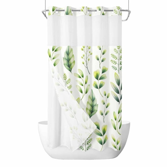 Green Leaf No Hooks Shower Curtain with Snap-in Liner Spring Plant Branch Gradient Abstract Botanical Shower Curtains for Bathroom, Waterproof, Easy Install, Washable 36"x78"