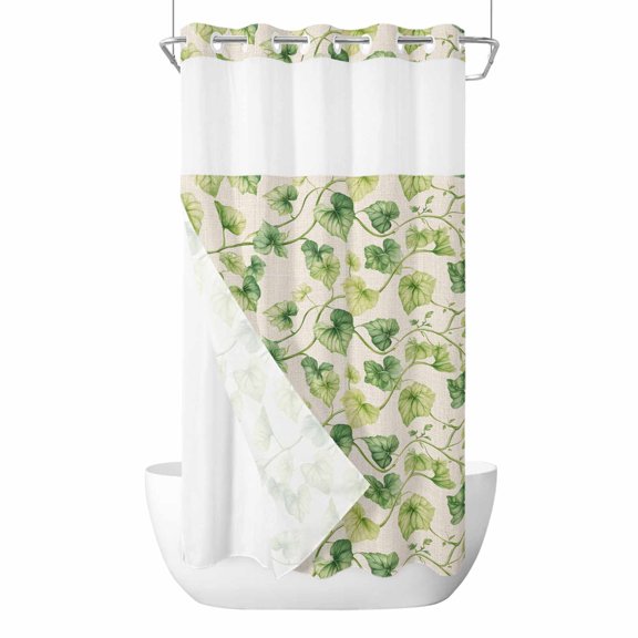 Green Leaf No Hooks Shower Curtain with Snap-in Liner Spring Watercolor Country Gradient Green Leaves Linen Texture Shower Curtains for Bathroom, Waterproof, Easy Install, Washable 36"x72"