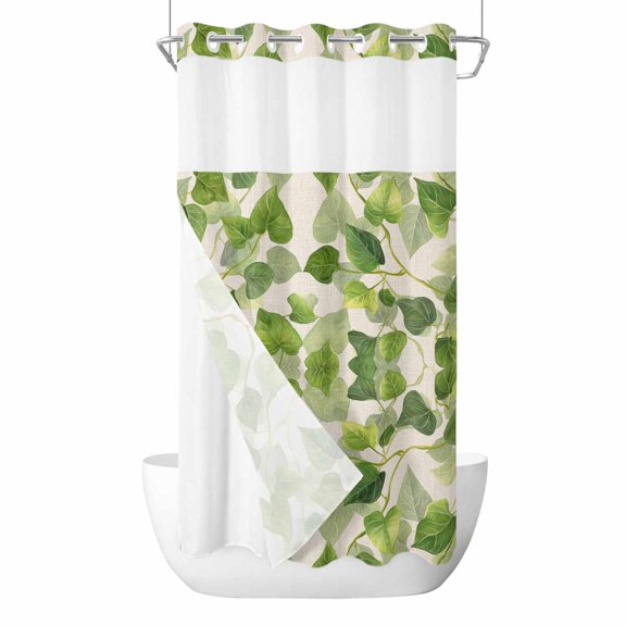 Green Leaf No Hooks Shower Curtain with Snap-in Liner Spring Watercolor Country Green Leaves Plant Linen Texture Shower Curtains for Bathroom, Waterproof, Easy Install, Washable 36"x78"