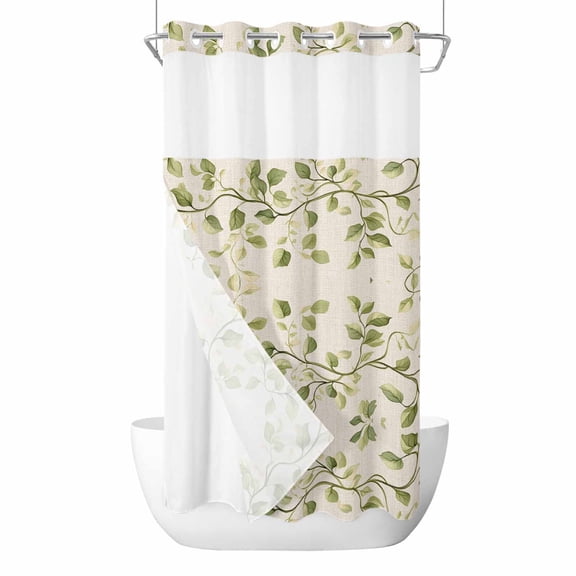Green Leaf No Hooks Shower Curtain with Snap-in Liner Vintage Spring Watercolor Green Leaf Branch Linen Texture Shower Curtains for Bathroom, Waterproof, Easy Install, Washable 36"x72"