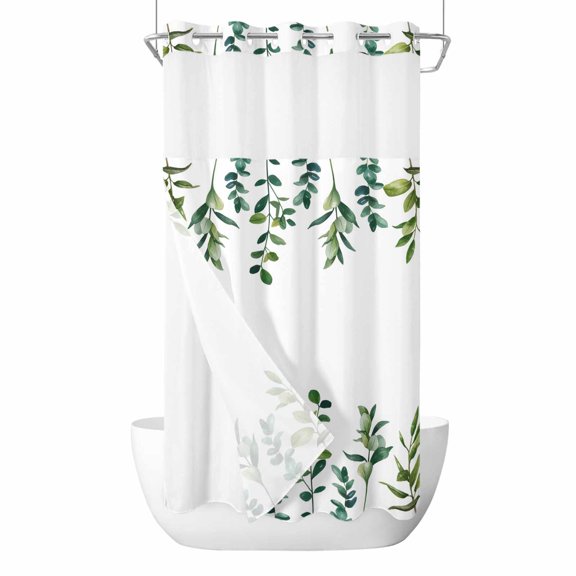 Green Leaf No Hooks Shower Curtain with Snap-in Liner Watercolor Leaves Pastoral Plant Spring Shower Curtains for Bathroom, Waterproof, Easy Install, Washable 36"x78"
