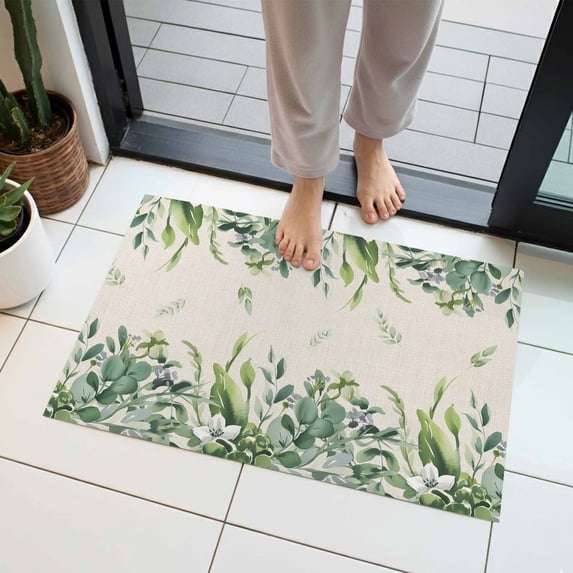 Green Leaf Indoor Door Mat 20x31.5 Inch Summer Watercolor Country Green Eucalyptus Leaves Linen Texture Front Door Mat Non Slip Washable Entryway Rug Low Profile Dirt Trapper Doormat for Bedroom