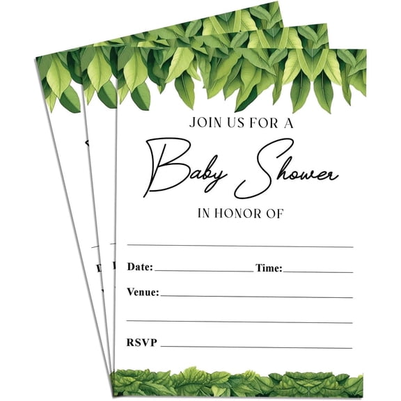 Green Leaf Join US For A Baby Shower Party Fill In Invites Card 75 Invitations 4x6"