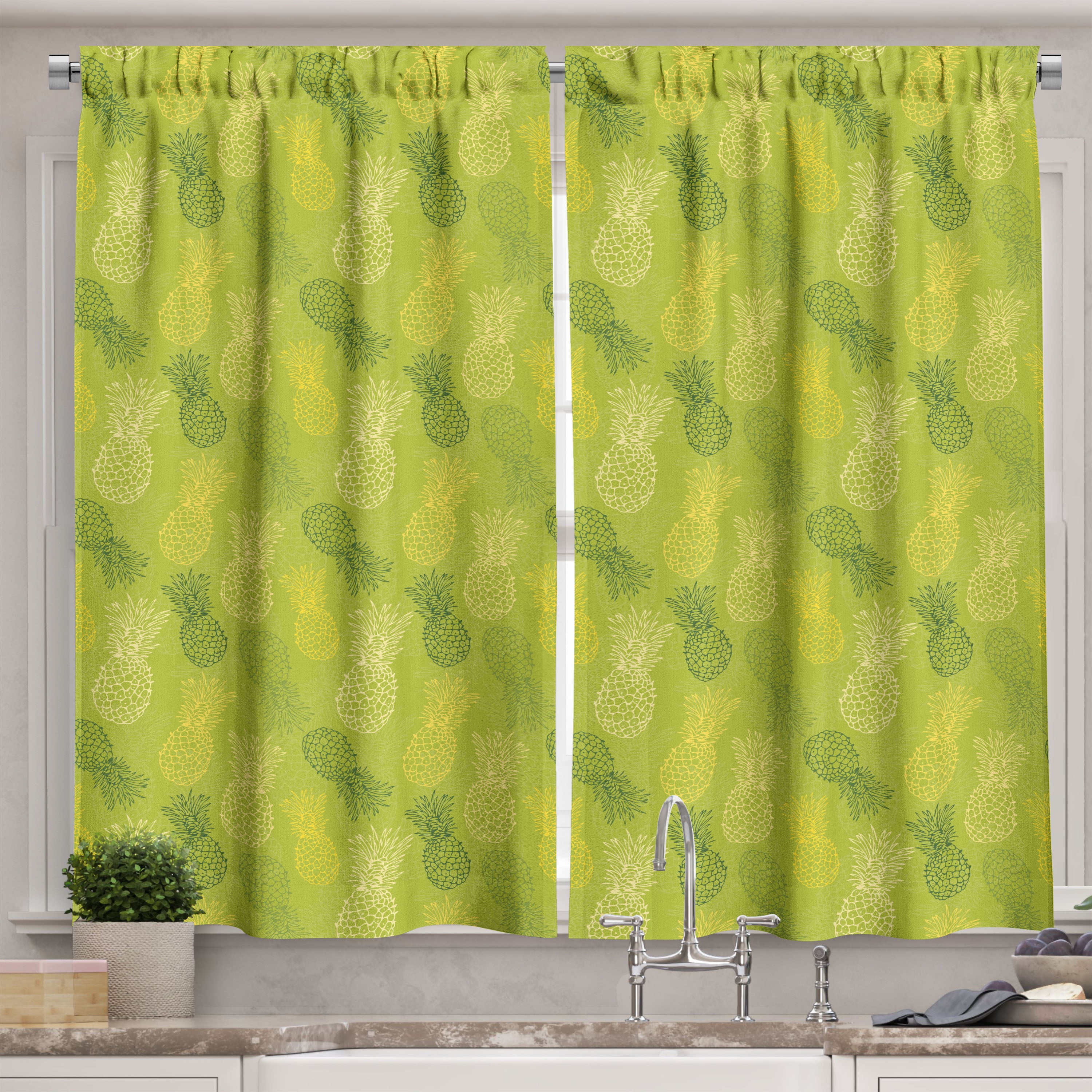 Green Leaf Kitchen Curtains, Hand Drawn Style Exotic Pineapple Fruit