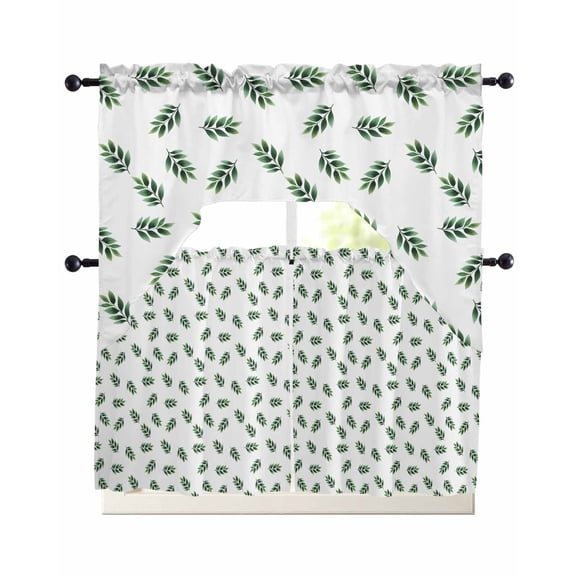 Green Leaf Kitchen Curtains Swag Valance and Tier Curtains Set 24 Inch Length, Botanical Prints Cottagecore Garden Plant Rod Pocket Drape Panels Pair Swag Curtain for Bathroom/Cafe/Window