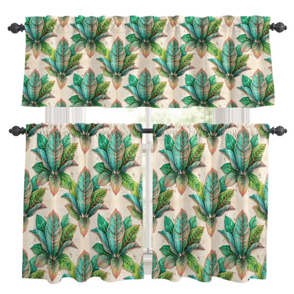 Green Leaf Kitchen Curtains and Valances Set, Botanical Tropical Lush Foliage Deep Green Leaf Rod Pocket Window Valance Window Curtain Panels for Living Room Bedroom Laundry, 27.5x36in, 3 Pieces