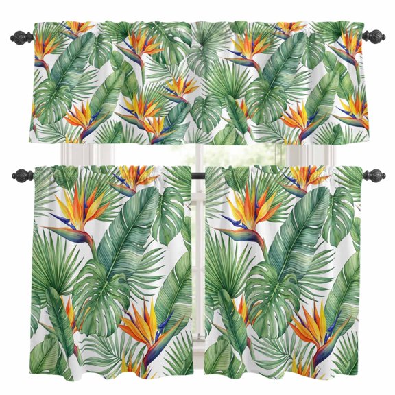 Green Leaf Kitchen Curtains and Valances Set, Bright Bird of Paradise Flower Emerging from Lush Greenery Rod Pocket Window Valance Window Curtain Panels for Living Room Laundry, 27.5x36in, 3 Pieces