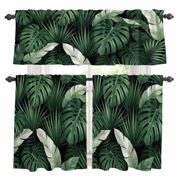 Green Leaf Kitchen Curtains and Valances Set, Tropical Dark Green Monstera Palm Leaves Rod Pocket Window Valance 18 Inch Window Curtain Panels for Living Room Bedroom Laundry, 27.5x24in, 3 Pieces
