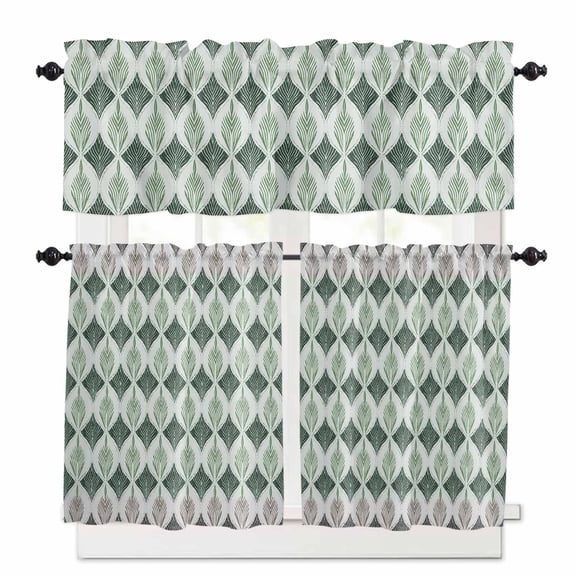 Green Leaf Kitchen Curtains Valances and Tiers Set of 3, 36 Inch Length Tier Curtains and Valance Rod Pocket Valance Curtains Set for Kitchen Bathroom Small Windows