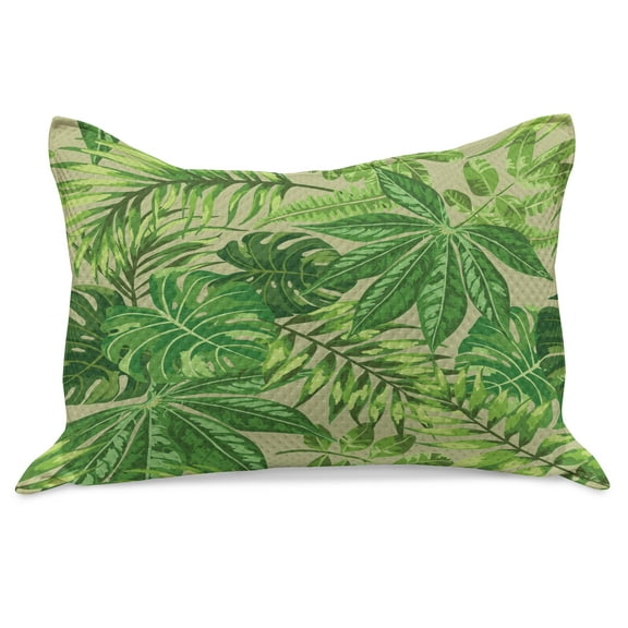 Green Leaf Knitted Quilt Pillowcover, Exotic Pattern with Tropical Leaves Fresh Jungle Aloha Hawaii, Standard King Size Pillow Cover for Bedroom, 30" x 20", Apple Green Fern Green, by Ambesonne