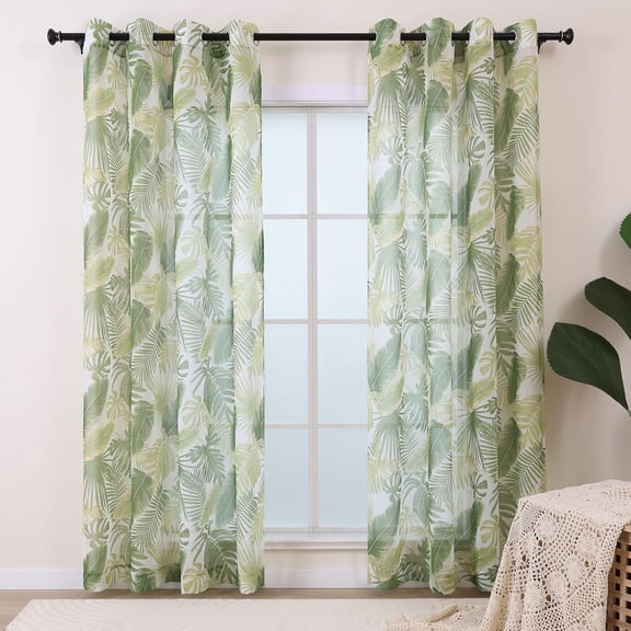 Green Leaf Linen Sheer Curtains 2 Panels Set, Tropical Patterned Semi Sheer Light Filtering Curtains for Living Room Dining Room, Grommet Modern Plant Window Drapes