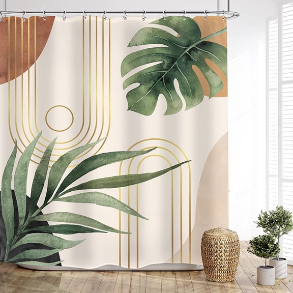 Green Leaf Mid Century Tropical Bohemian Shower Curtain for Bathroom Boho Abstract Plant Botanical Bathroom 60Wx72L Inches Palm Curve Minimalist Colorful Bath Accessories Art Home Decor Fabric
