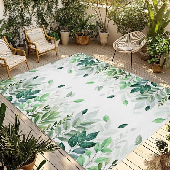 Green Leaf Outdoor Rug 3x5 Ft - Reversible Patio Rug Outdoor Camping Rugs, Fall Plant Country Vintage Watercolor White Washable Indoor Outdoor Area Rugs, Non-Slip Outdoor Carpet Runner for Deck/Porch