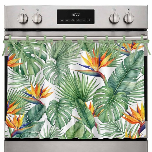 Green Leaf Oven Curtain with Tie Top, Bright Bird of Paradise Flower Emerging from Lush Greenery Oven Skirt Curtains with Tie Top Cabinet Cover Curtain for Kitchen Apartment Decor 27 x 20 Inches