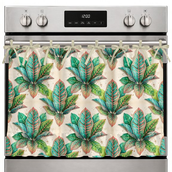 Green Leaf Oven Skirt Curtain, 27x20 Inch Botanical Tropical Lush Foliage Deep Green Leaf Kitchen Tie Top Oven Curtain for Door, Decorative Stove Skirt Dishwasher Cover With Ribbon Ties
