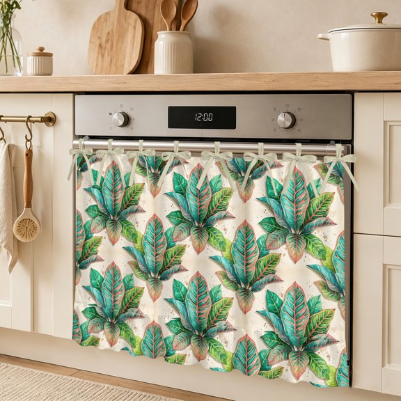 Green Leaf Oven Skirt Curtain, Botanical Tropical Lush Foliage Deep Green Leaf Tie Top Tier Curtains Stove Dishwasher Skirt Small Window Drapes for Kitchen Bathroom Cafe 27"x20"