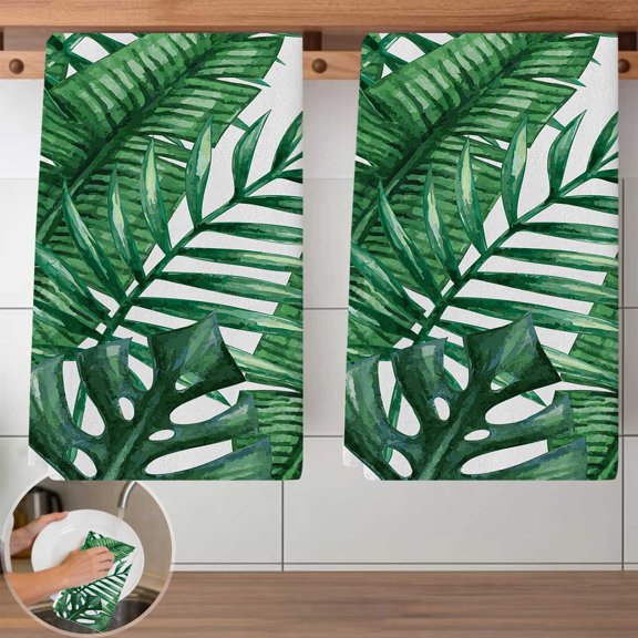 Green Leaf Pattern Kitchen Dish Cloth - 2 Piece Set, 40x60cm Reusable & Absorbent Cleaning Towels, Durable Dish Wipes for Kitchen, Bathroom, Household Cleaning Needs