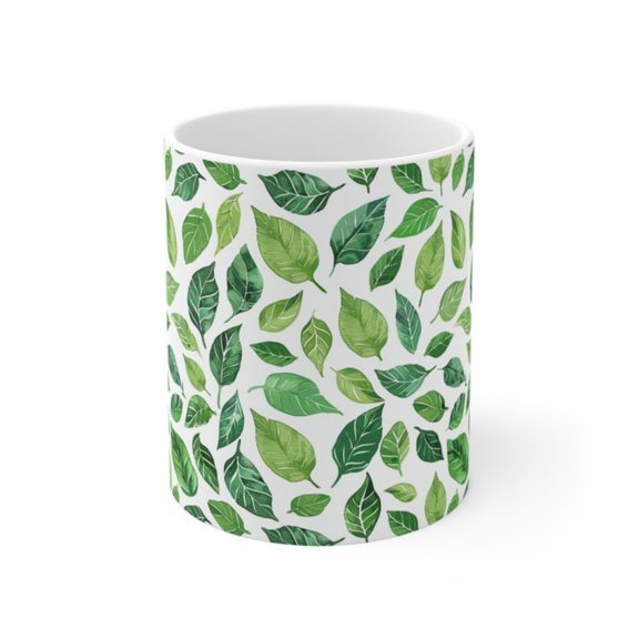 Green Leaf Pattern Mug, Botanil Coffee Cup, Plant Lover Gift.