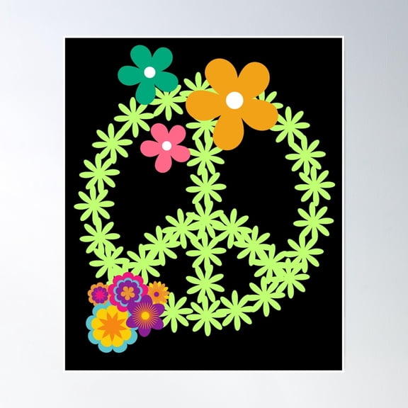 Green Leaf Peace Sign With Flowers Colorful Psychedelic 60S Design Poster Wall Art, Modern Wall Decor, 12x18 UNFRAMED