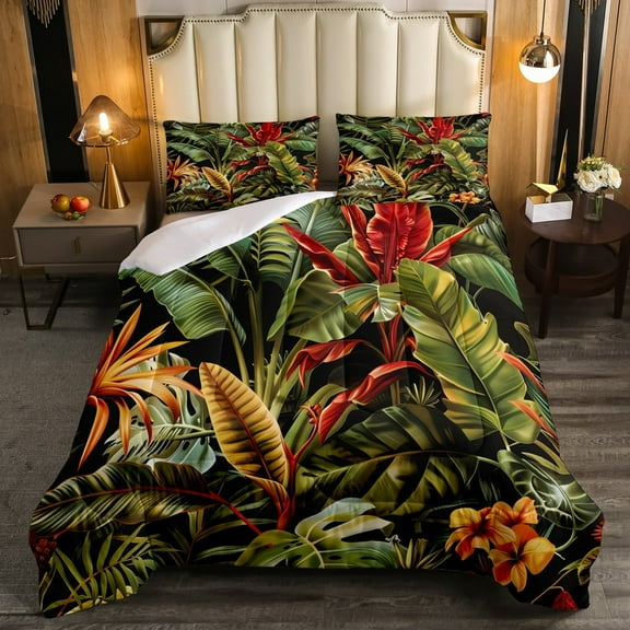 Green Leaf Plant King Bedding Set,Tropical Botanical Leaves Comforter Set Adults,Jungle Forest Palm Leaf Quilt Bed Set Hawaiian Style Nature Theme Bed Comforter Set 3Pcs