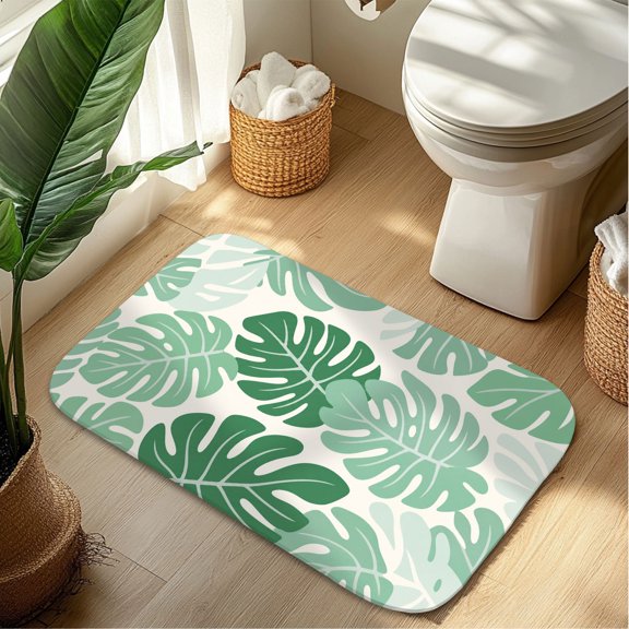 Green Leaf Plush Flannel Bath Rug 16x24 Inches, Quick Dry Absorbent Non Slip Mat for Bathroom Sink Tub