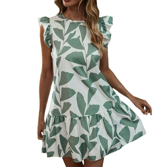 Green Leaf Print Dress Ruffle Detail, Lightweight Polyester, Crew Neck, Knee Length, Machine Washable for All Seasons