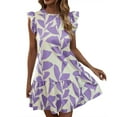 thumbnail image 1 of Green Leaf Print Dress Ruffle Detail, Lightweight Polyester, Crew Neck, Knee Length, Machine Washable for All Seasons, 1 of 7