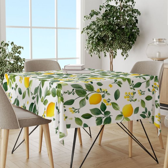 Green Leaf Print Lemon Table Cover, Summer Dining Cloth, Lightweight Stain Resistant Cover for Daily Summer Holiday Home Decor
