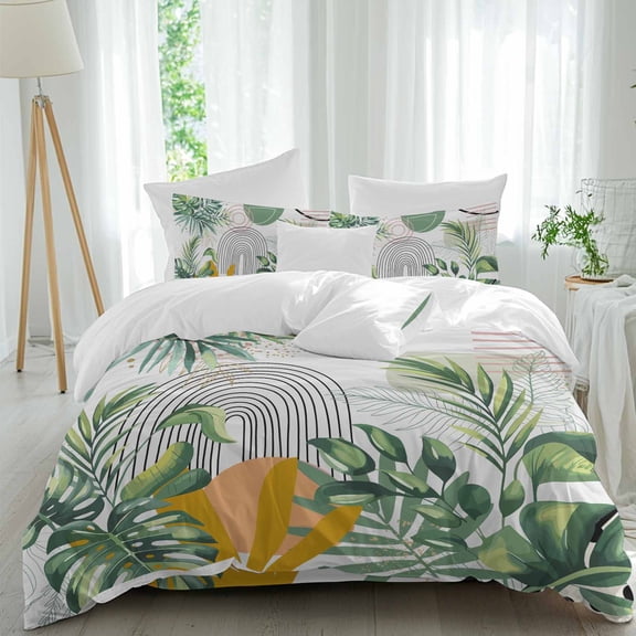 Green Leaf Queen Size Comforter Set, Geometric Line Simple Abstract Tropical Plants Bedding for All Seasons, 4 Pcs Bed Set, 1Quiltcover (90"x92") ,1Sheet(94"x116"), 2Pillowcases (30"x20")