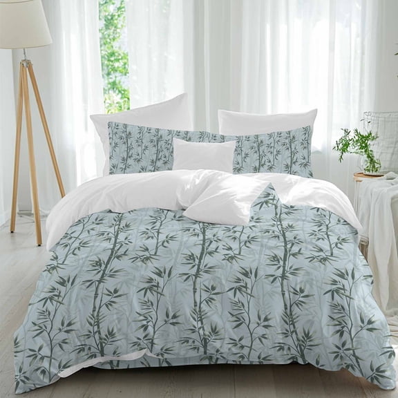 Green Leaf Queen Size Comforter Set, Hand-Painted Modern Plant Teal Green Botanical Blue Bedding for All Seasons, 4 Pcs Bed Set, 1Quiltcover (90"x92") ,1Sheet(94"x116"), 2Pillowcases (30"x20")