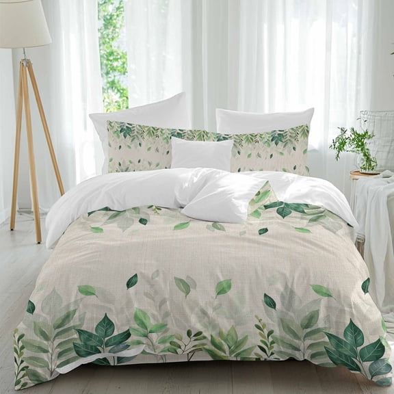 Green Leaf Queen Size Comforter Set, Pastoral Plant Summer Leaf Vintage Linen Bedding for All Seasons, 4 Pcs Bed Set, 1Quiltcover (90"x92") ,1Sheet(94"x116"), 2Pillowcases (30"x20")
