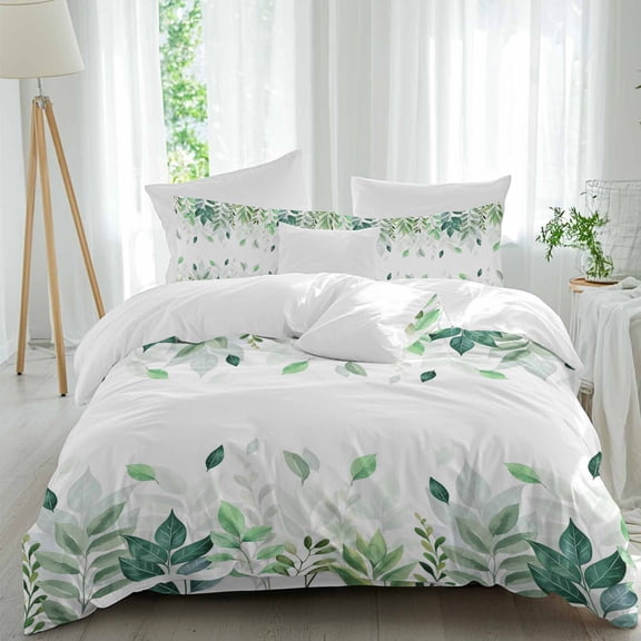 Green Leaf Queen Size Comforter Set, Pastoral Plant Summer Leaf Watercolor Bedding for All Seasons, 4 Pcs Bed Set, 1Quiltcover (90"x92") ,1Sheet(94"x116"), 2Pillowcases (30"x20")