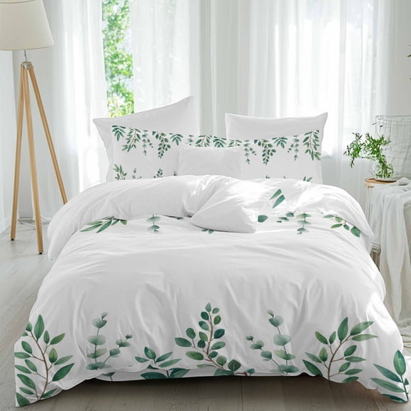 Green Leaf Queen Size Comforter Set, Watercolor Pastoral Plant Farmhouse Style Bedding for All Seasons, 4 Pcs Bed Set, 1Quiltcover (90"x92") ,1Sheet(94"x116"), 2Pillowcases (30"x20")