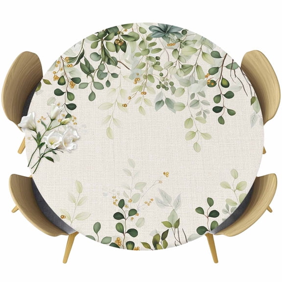 Green Leaf Round Fitted Tablecloth with Elastic Edge, Watercolor Eucalyptus Leaves Farmhouses Stretch Table Covers for 36"-44" Tables Wipeable Table Cloth for Outdoor
