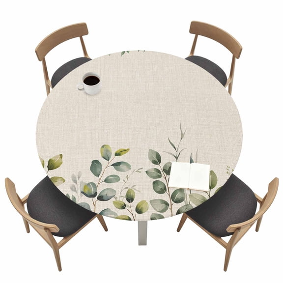 Green Leaf Round Fitted Tablecloth Plant Pastoral Watercolor Linen Texture Waterproof Elastic Stretch Table Cover for 55"-60" Round Table, Oil Proof Tablecloth for Picnic Party Dinner
