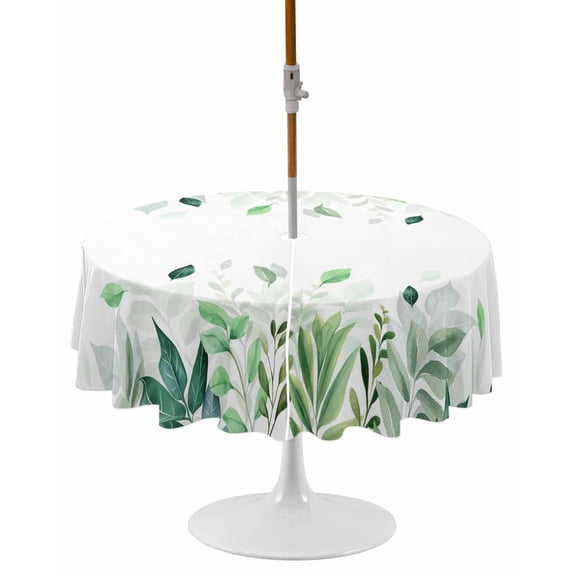 Green Leaf Round Outdoor Tablecloth, Waterproof Table Cloth Cover with Umbrella Hole and Zipper, Fall Plant Country Vintage Watercolor White Table Protector for Patio Party Picnic 54" Round