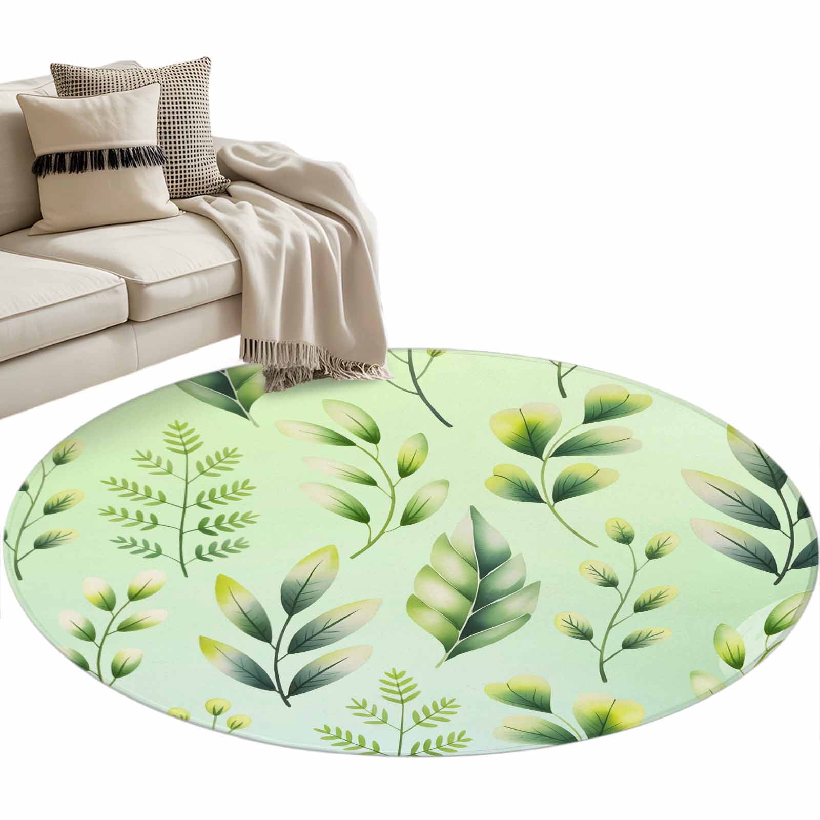 Green Leaf Round Rug 4Ft Spring Plant Branch Abstract Botanical ...