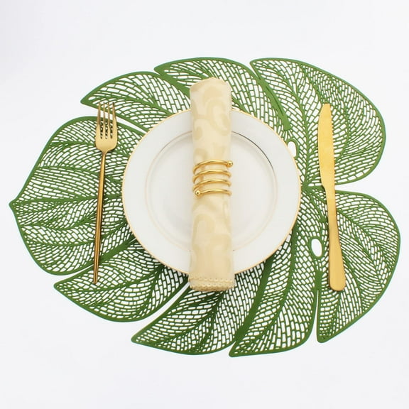 Green Leaf Shaped Vinyl Placemats for Dinner Table Set of 6 Metallic Plastic Green Place
