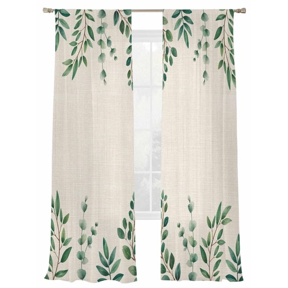Green Leaf Sheer Curtains 108 Inch Long 2 Panels, Watercolor Pastoral Plant Vintage Linen Light Filtering Rod Pocket Semi Sheer Curtains, Sheer Voile Drapes for Living Room Bedroom, 52"x108"