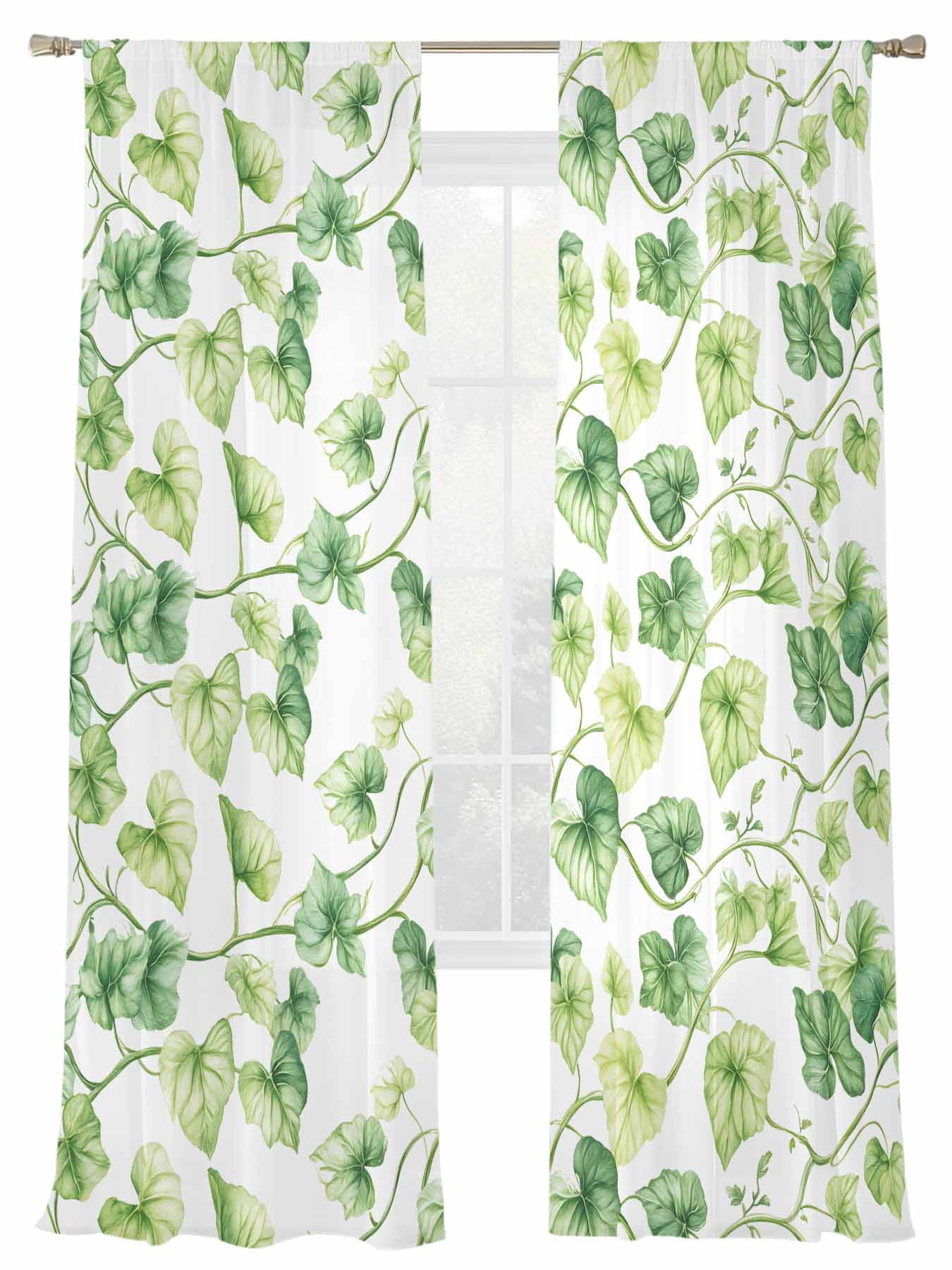 Green Leaf Sheer Curtains 2 Panels Set Spring Watercolor Country ...