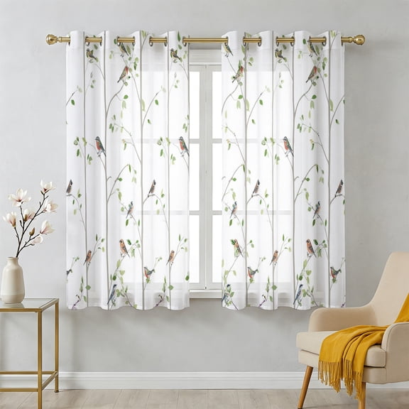 Green Leaf Sheer Curtains 39 Inch Long 2 Panels, Vintage Spring Green Leaf Branches Plant Birds Light Filtering Semi Sheer Drapes Grommet Voile Window Curtain for Living Bedroom W27.9 x L39