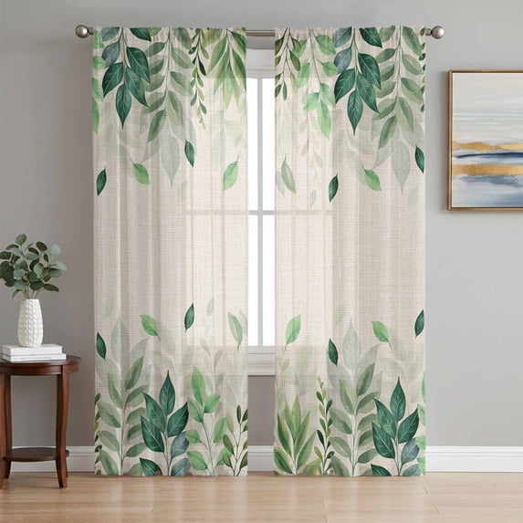 Green Leaf Sheer Curtains 63 Inch Length 2 Panels Set, Fall Plant Country Vintage Watercolor Beige Voile Window Treatment Rod Pocket Curtains Sheers Drapes for Bedroom/Living Room/Kitchen 52x"63"x2